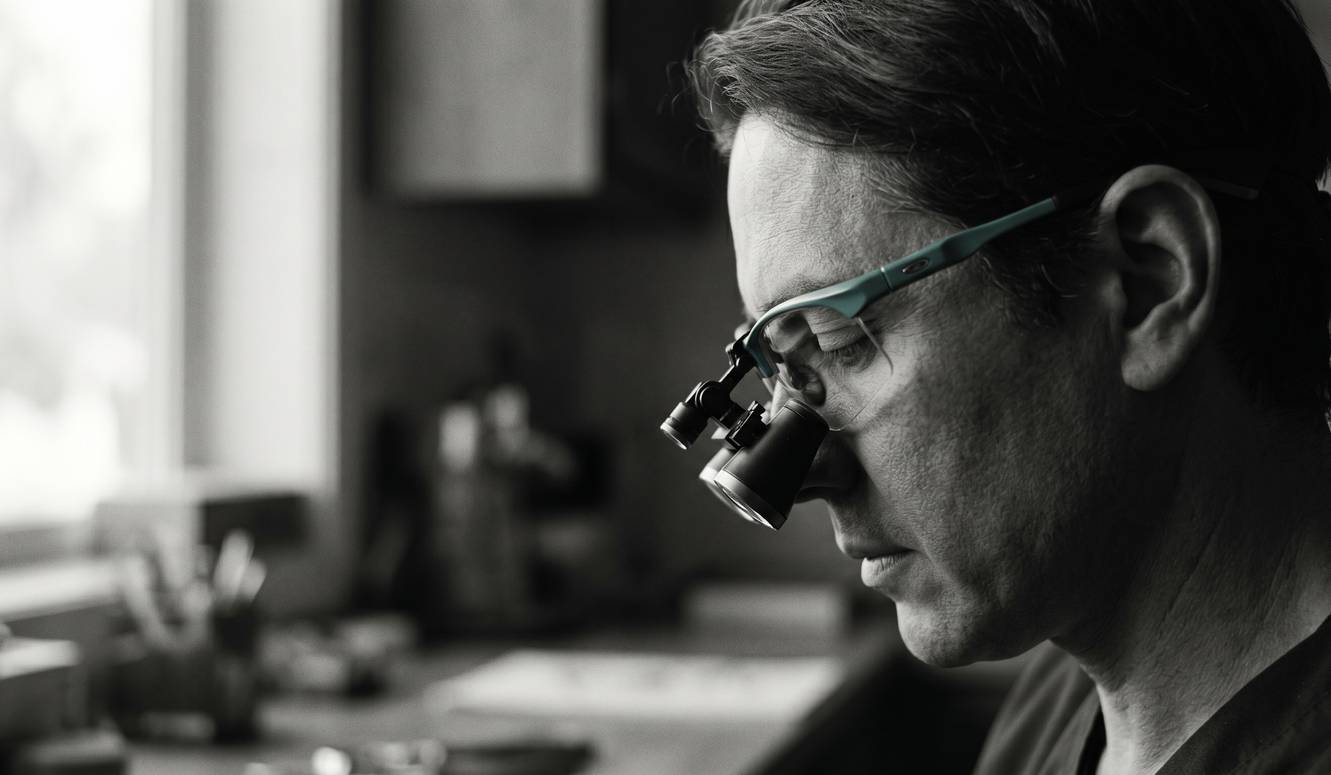 Dental technician working with loupes at the bench