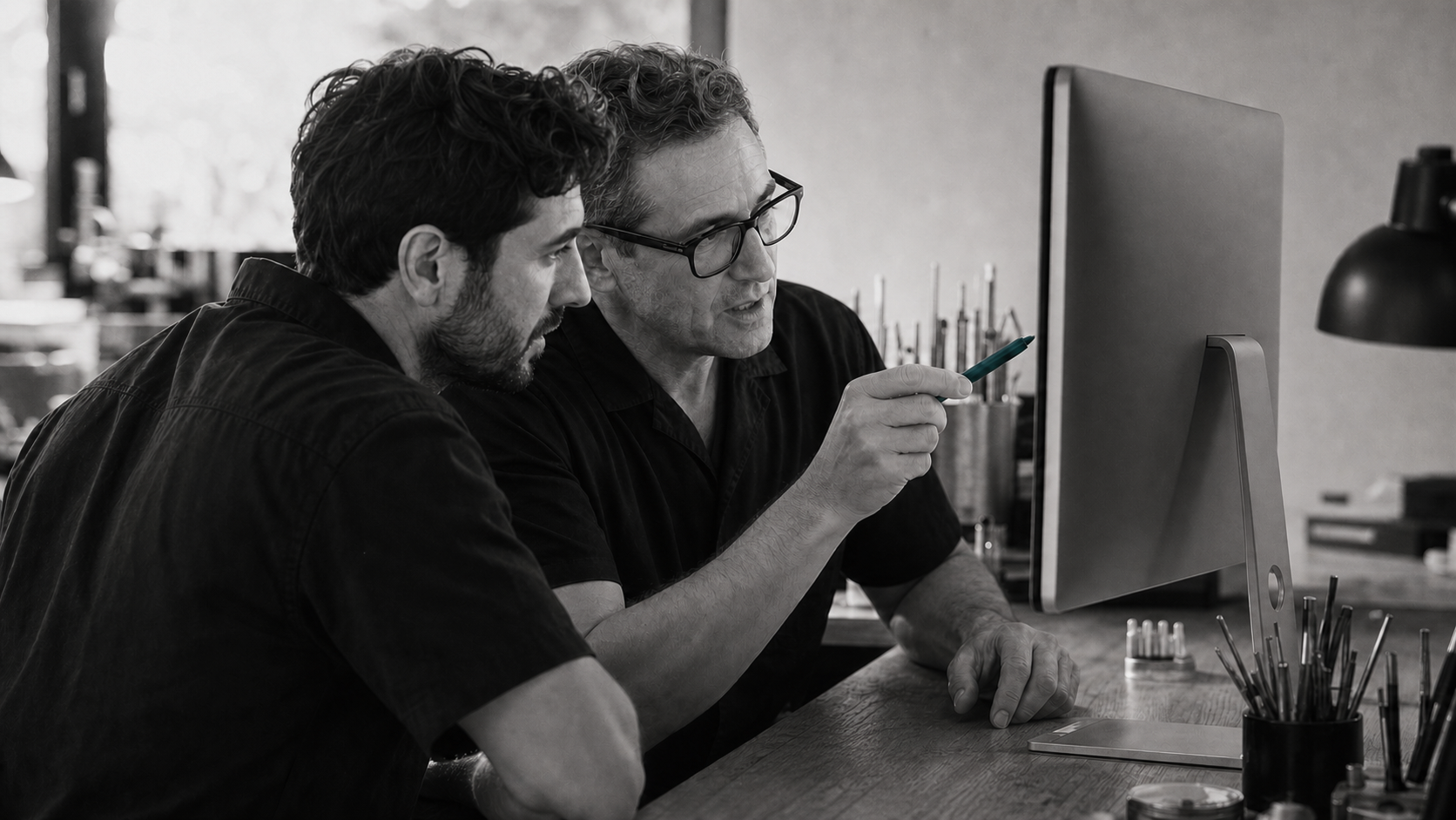 Two technicians inspecting a design together on screen