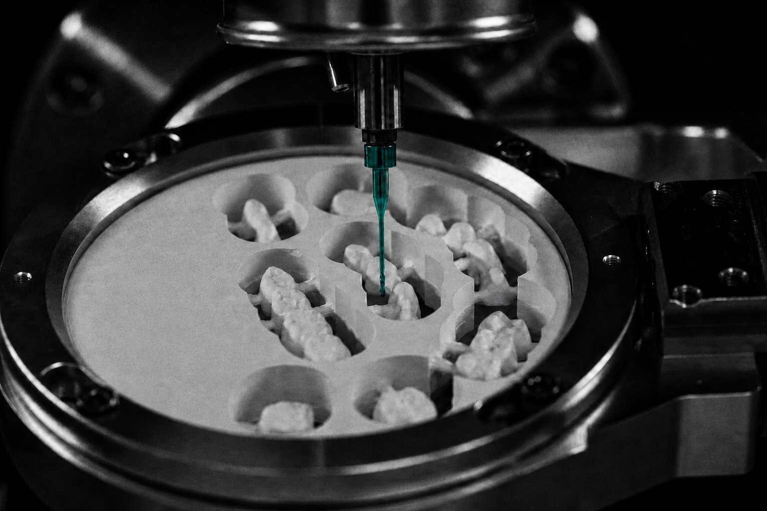 Milling machine cutting a batch of dental crowns